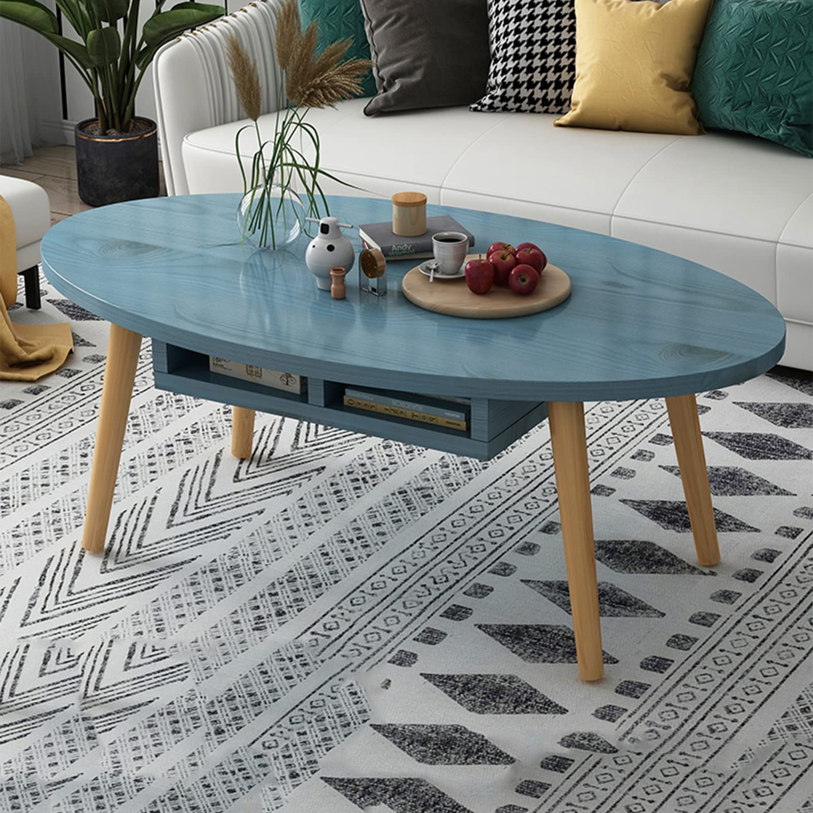 Oval Coffee Table Blue Oval Top with Tapered Splayed Legs