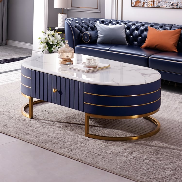 Oval Coffee Table Crescent Gold Base & Fluted Upholstery