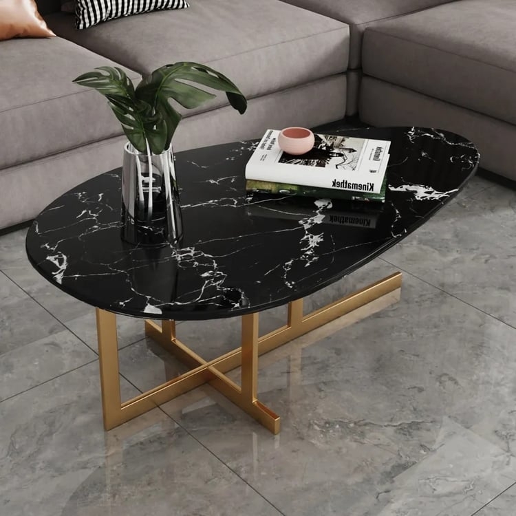 Oval Coffee Table with Cross-Base and Veined Pattern