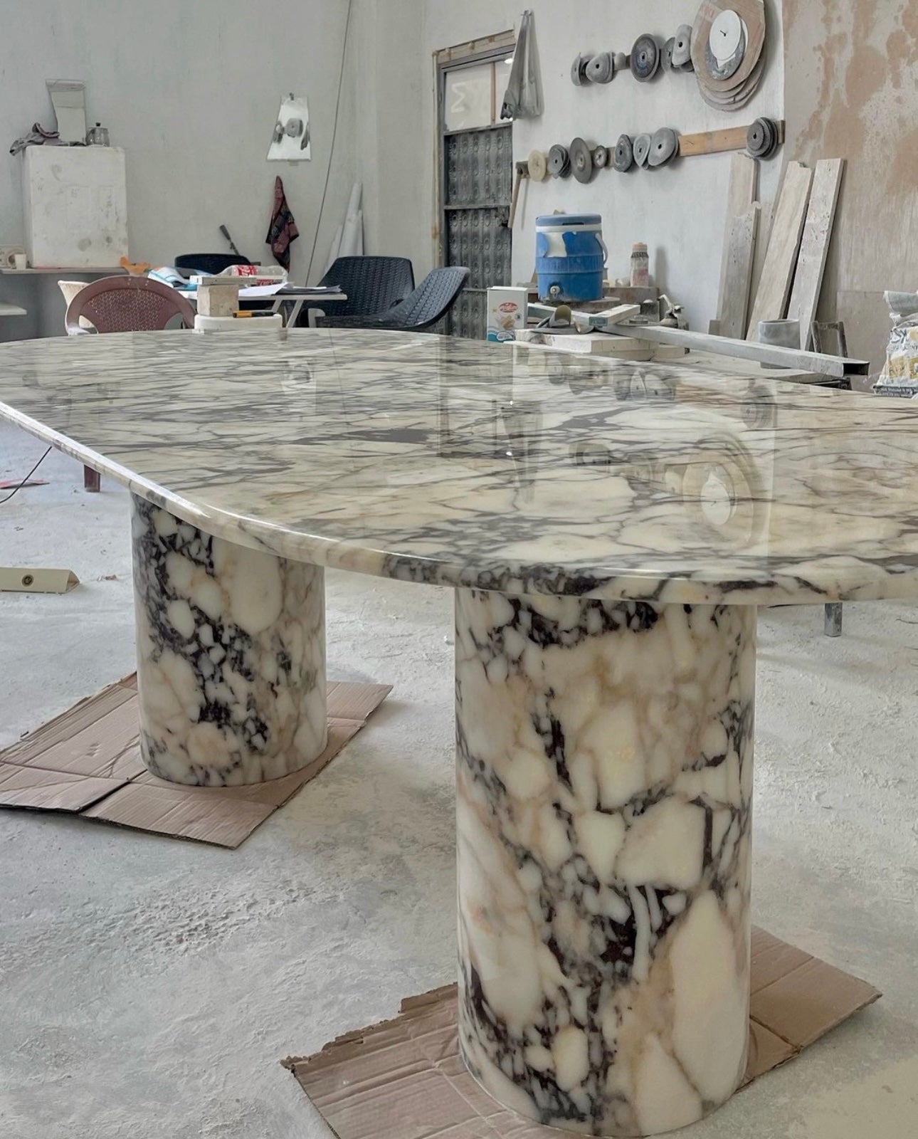 Oval Dining Table Dramatic Veined Stone Pedestal Slab