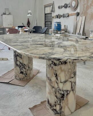 Oval Dining Table Dramatic Veined Stone Pedestal Slab