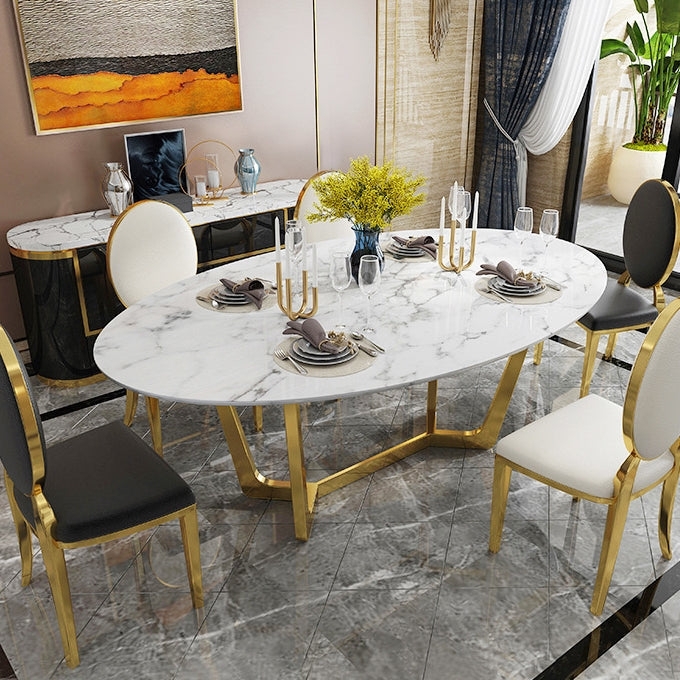 Oval Dining Table Geometric Gold Base White Faux Marble