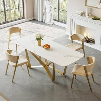 Oval Dining Table Gold Geometric Base Sintered Stone Look