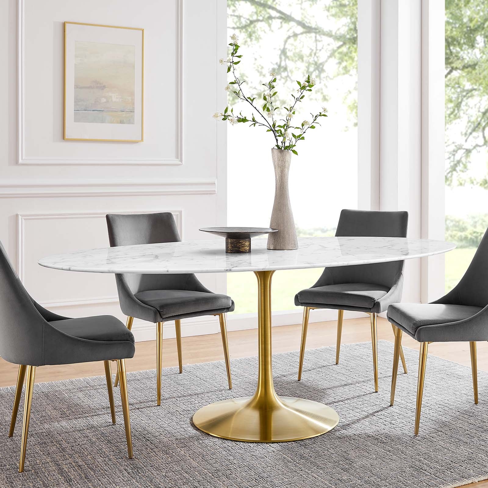 Oval Dining Table Trumpet Base Gold Pedestal Mid-Century