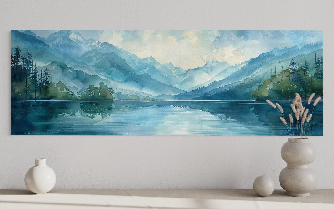 Panoramic Wall Art Misty Mountain Serene Lake Watercolor