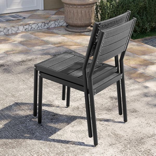 Patio Dining Chair Armless Profile Matte Black Slat