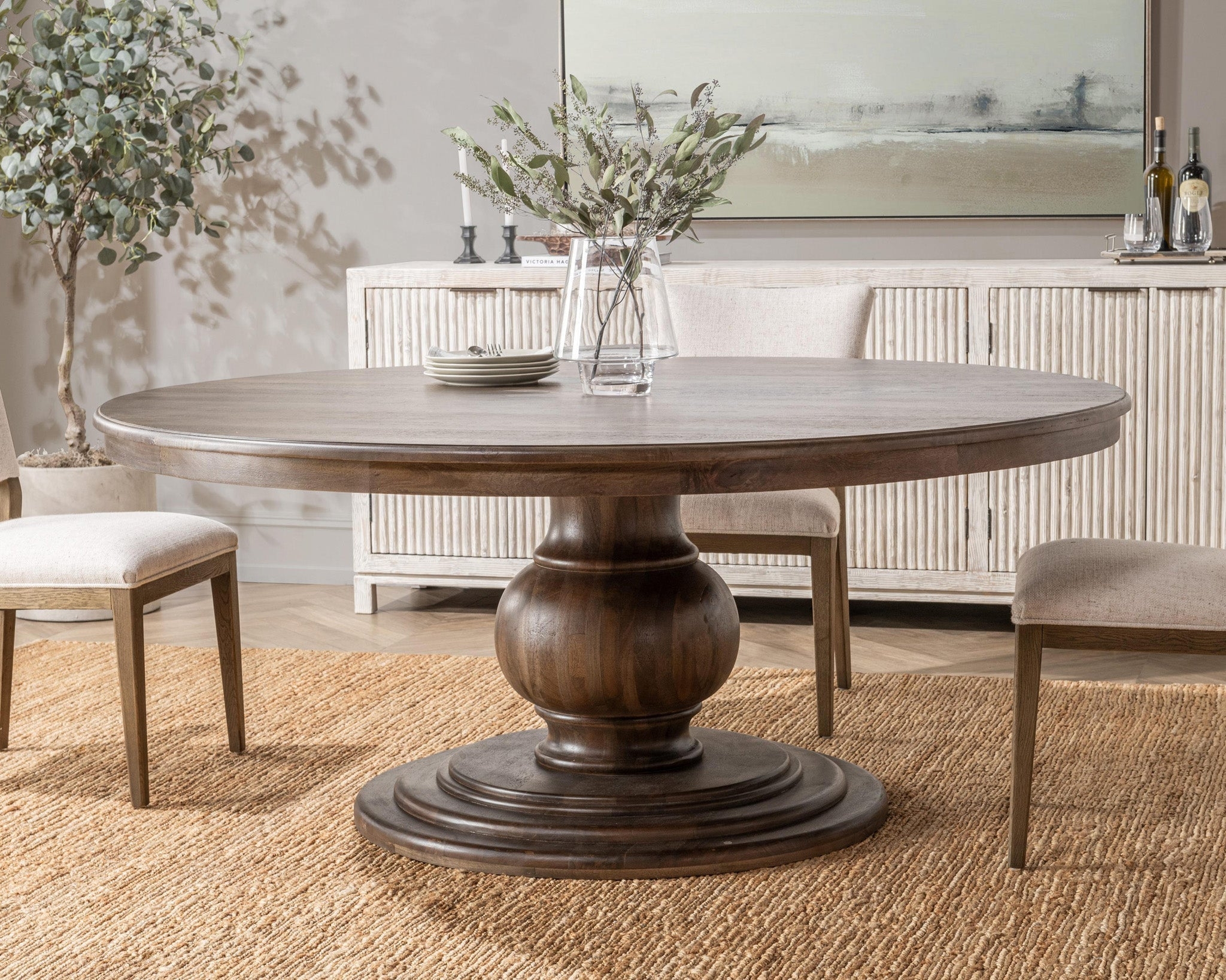 Pedestal Dining Table 72 Inch Walnut with Turned Sculptural Wood Base.