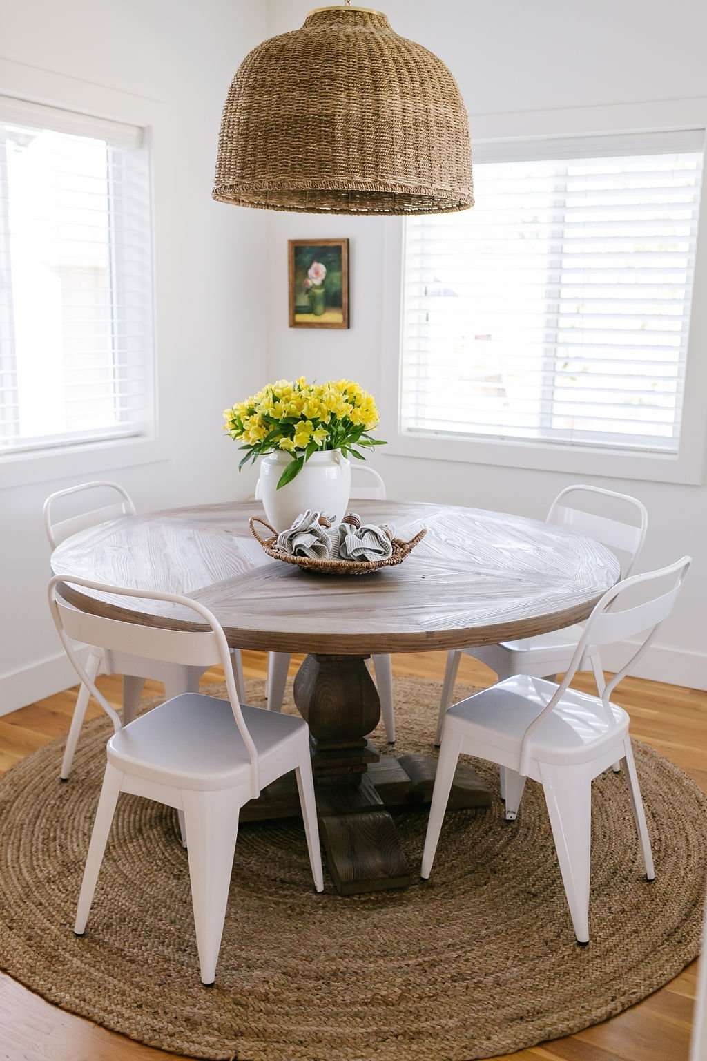 Pedestal Dining Table: Woven Pendant and Round Wood Pedestal Table