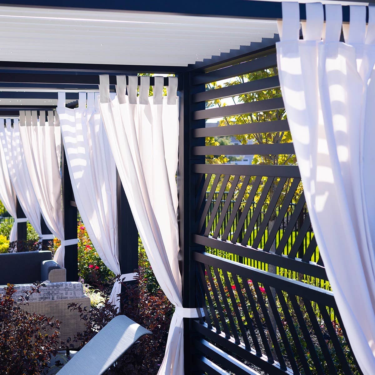 Pergola Curtain Panel: Integrated Tie Backs and Slats