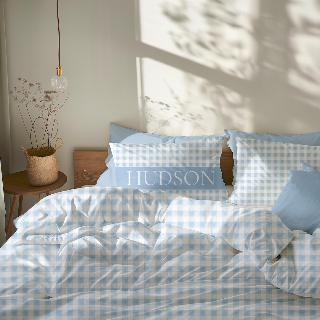 Personalized Bedding Set | Sky Blue Gingham Nursery
