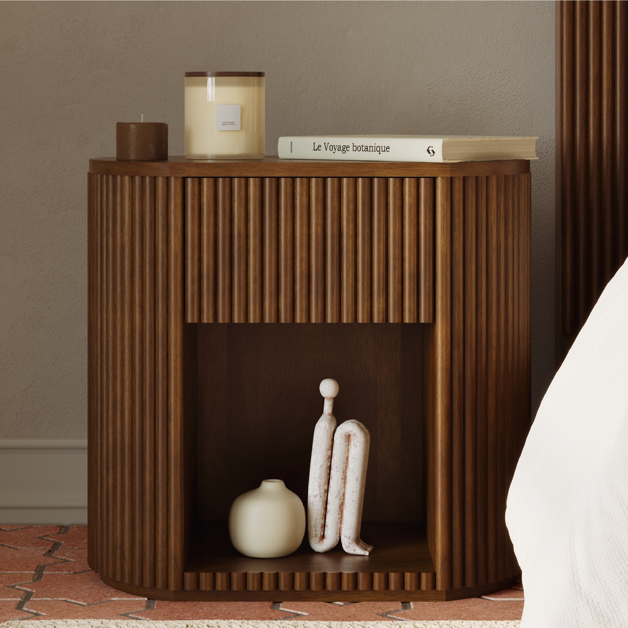 Pill Shaped Nightstand in Textured Walnut Wood Tone
