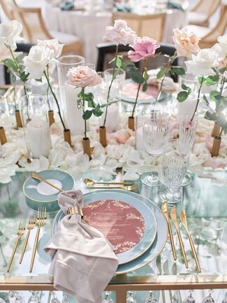Place Setting Modern Bridal Shower Decor with Single Stem Roses