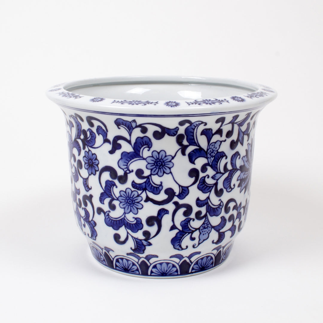Planter: Blue Floral Pattern with Flared Rim & Glossy Glazed Cachepot