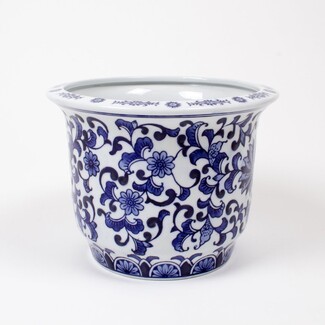 Planter: Blue Floral Pattern with Flared Rim & Glossy Glazed Cachepot