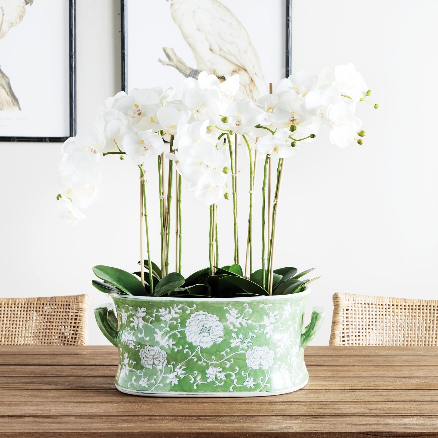Planter: Sage Green Glaze Peony Floral Motif Traditional Green Planter