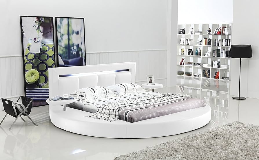 Platform Bed Bright White Leather-like Integrated Lights Swivel Tables