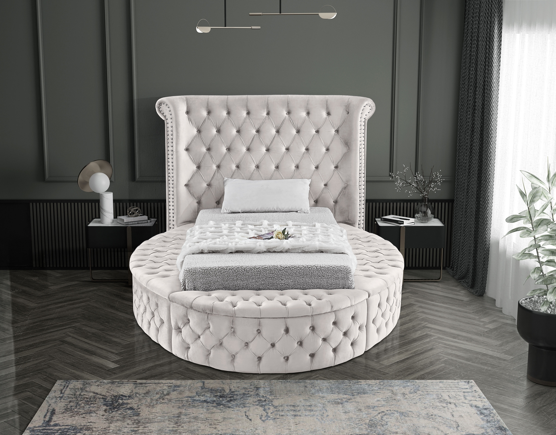 Platform Bed Cream Velvet Circular Tufted Base Wingback Nailhead Trim