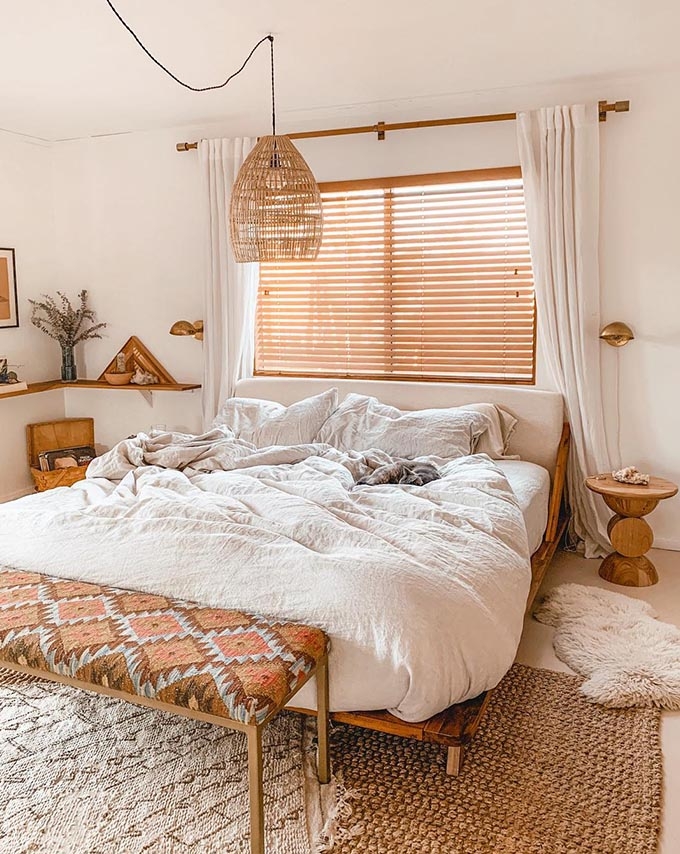 Platform Bed: Upholstered Headboard & Woven Pendant Light