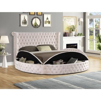 Platform Bed Warm Beige Tufted Wingback Hidden Storage Nailhead Trim