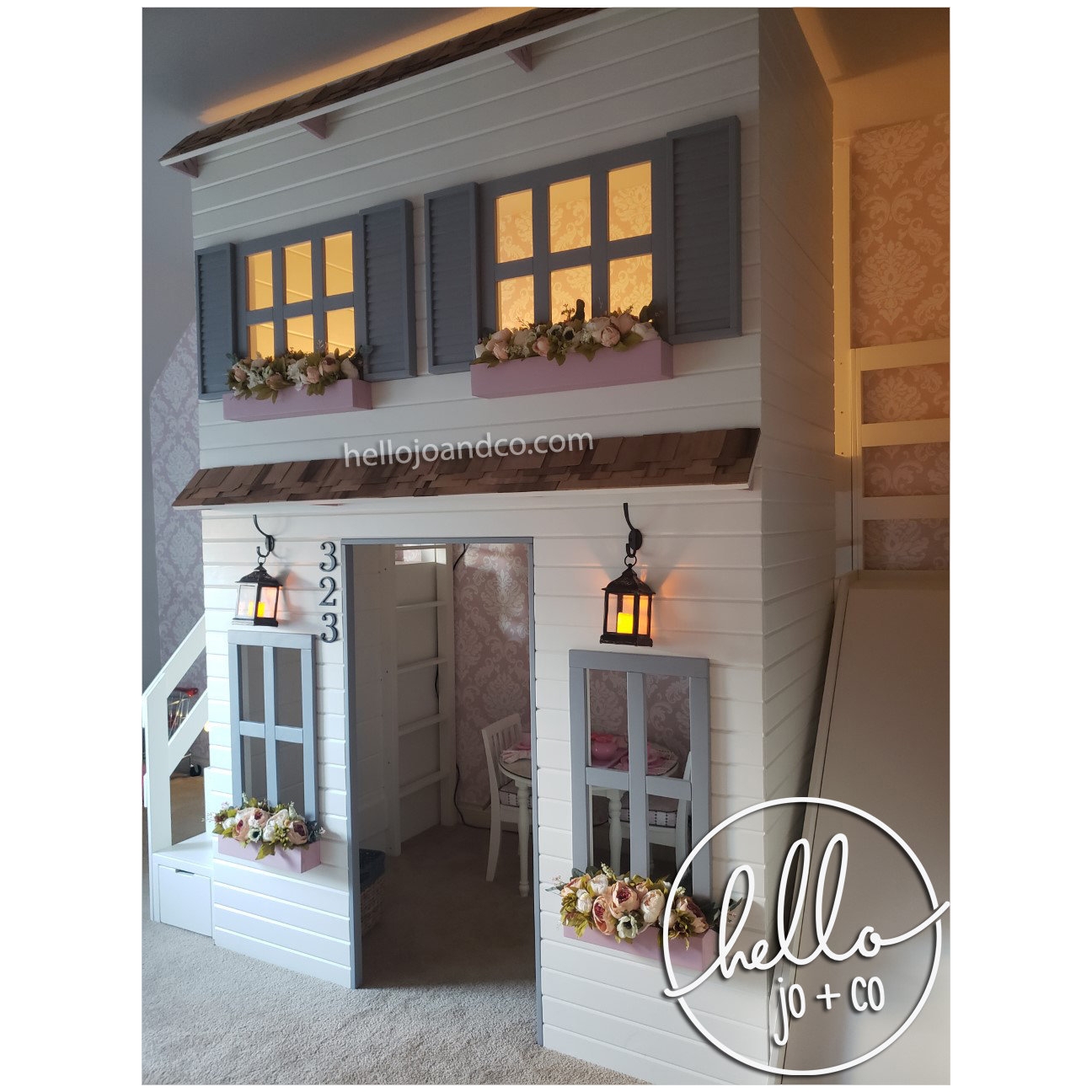 Playhouse Loft Bed with Carriage Lanterns and Cottage Bed