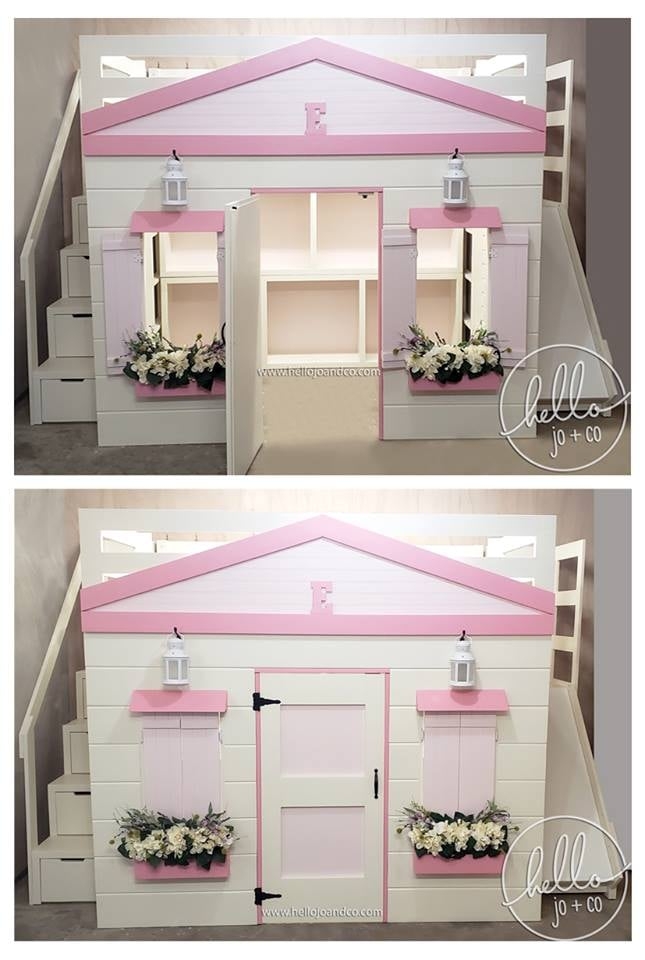 Playhouse Loft Bed with Flower Boxes and Storage Stairs Bed