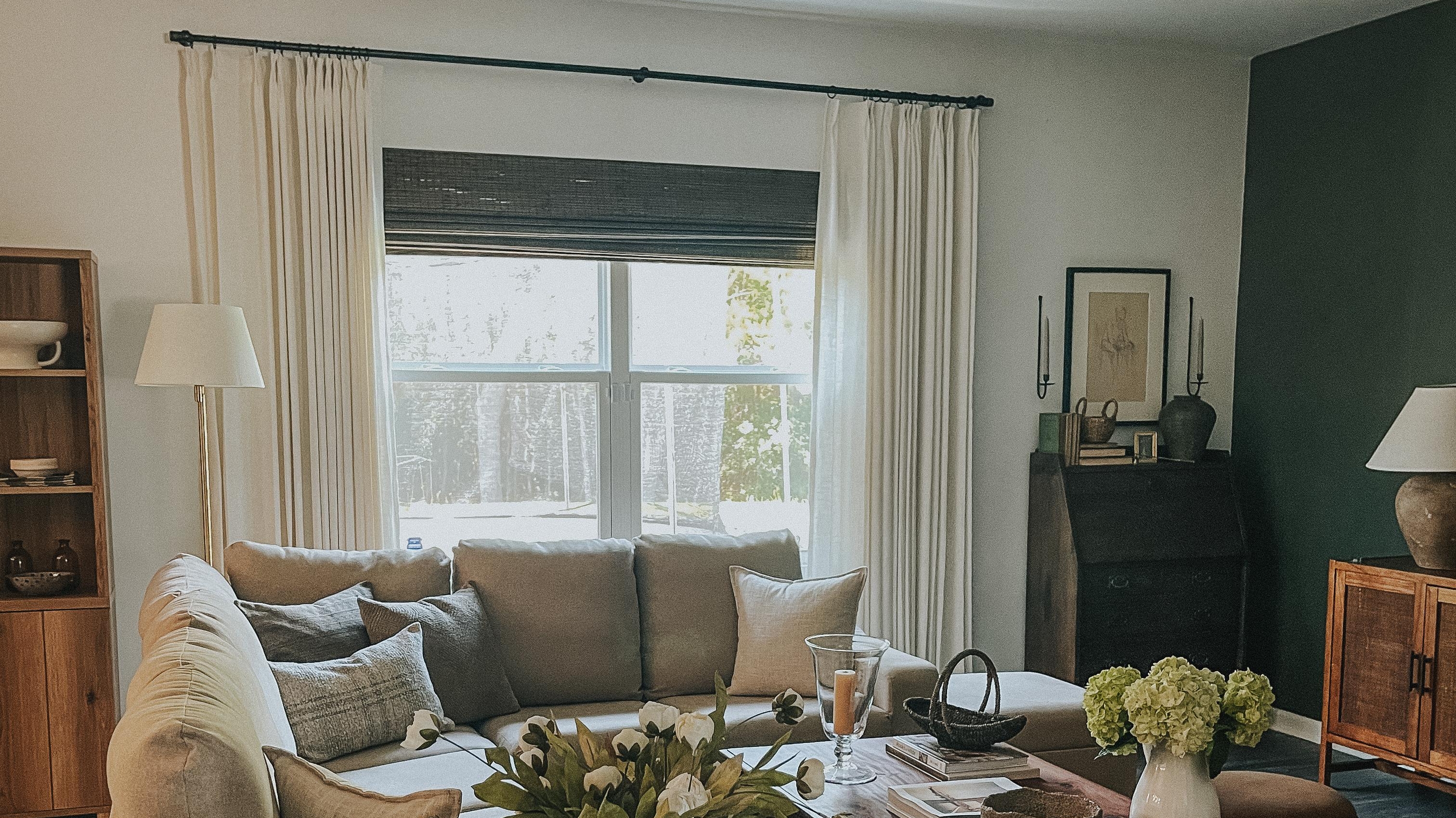 Pleated Curtains: Dark Green Accent Layered Window Treatment Ideas