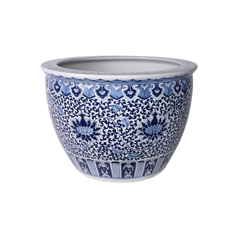 Porcelain Planter: Blue White Chinoiserie Tapered Body & Garden Pot