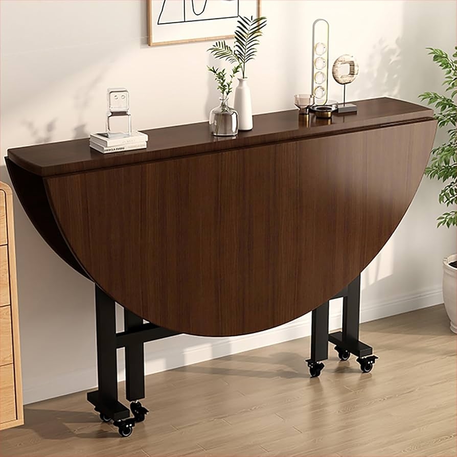 Portable Drop Leaf Table with Six Wheels and Walnut Brown Finish