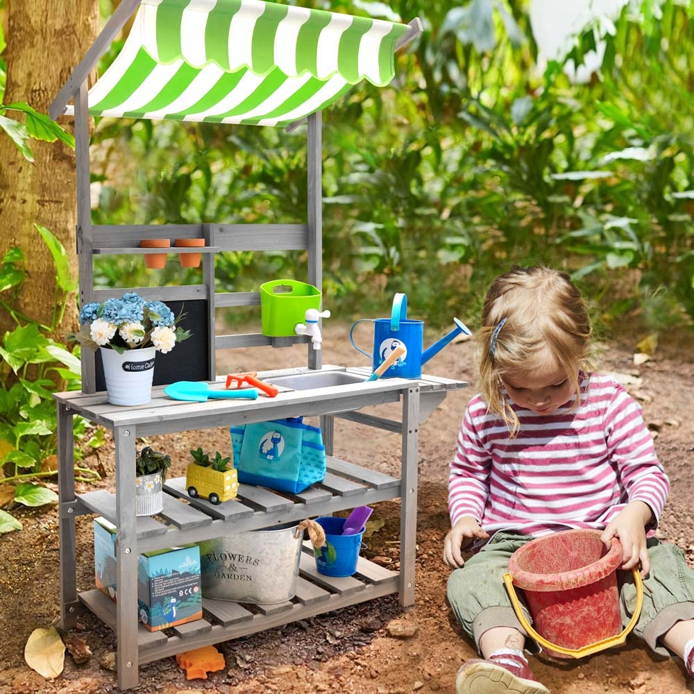 Potting Bench with Striped Awning and Striped Canopy Potting Bench