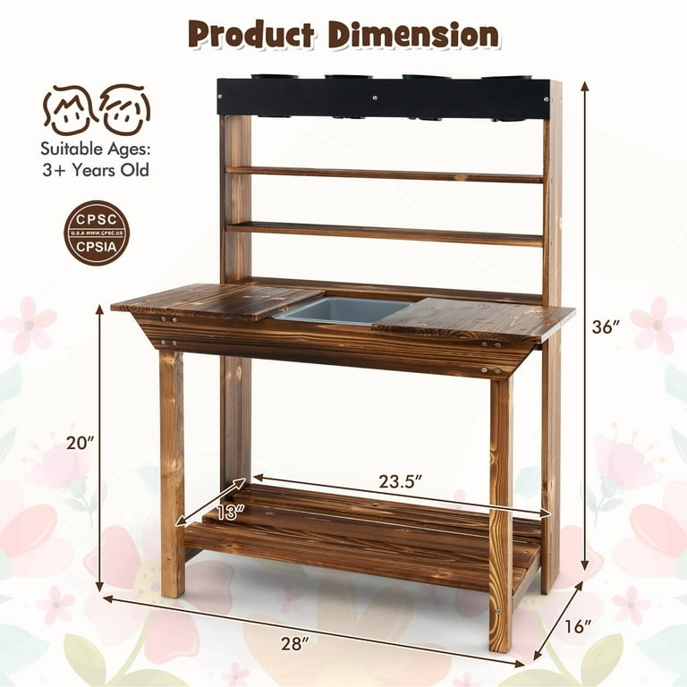 Potting Bench with Tiered Shelving and Toddler Garden Activity Center