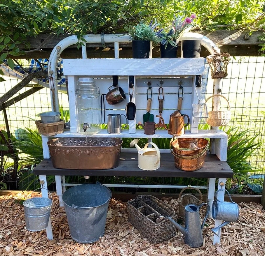 Potting Bench with Upcycled Bed Frame and Upcycled Child Potting Bench
