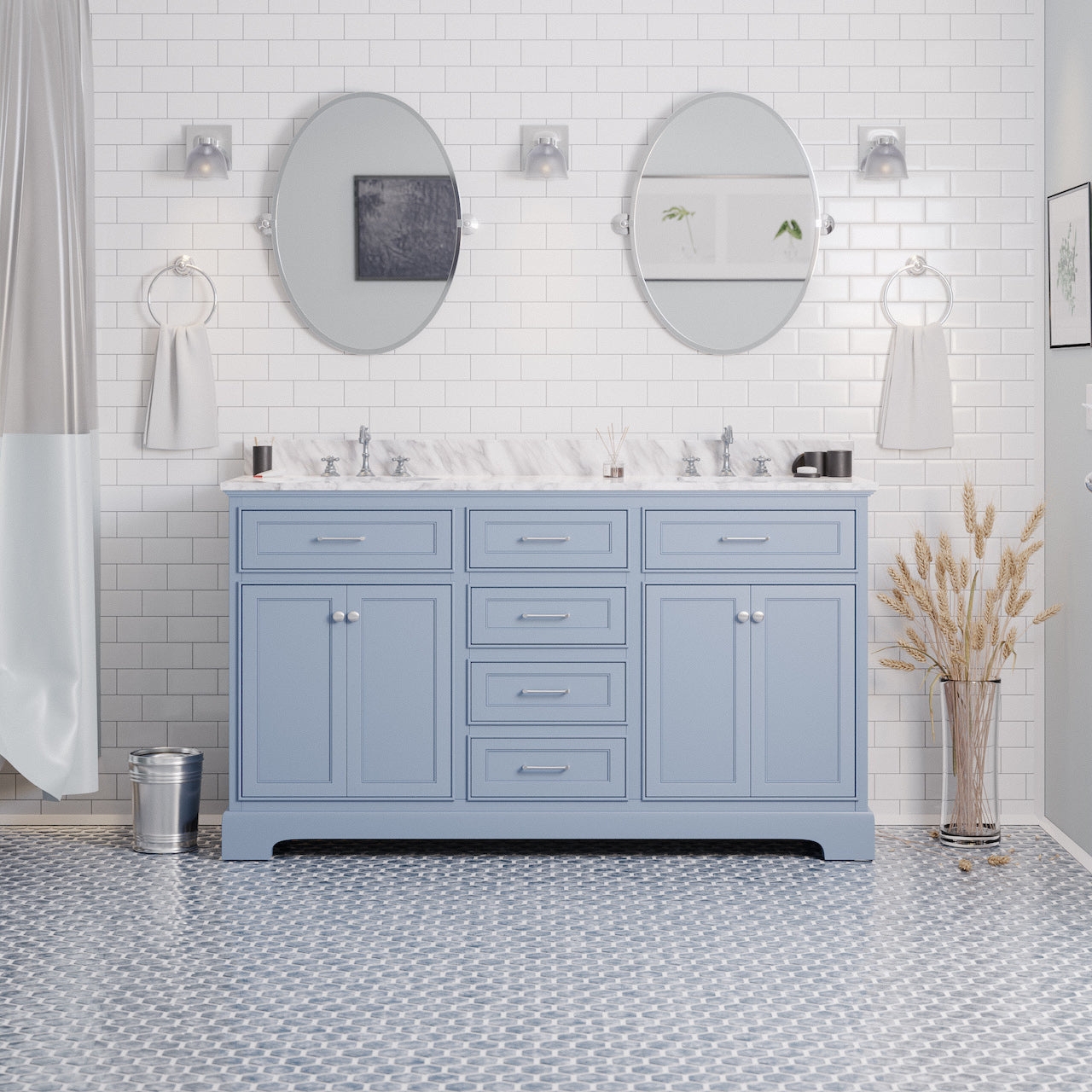 Powder Blue Double Vanity: Carrara Marble Top and Oval Tilt Mirrors