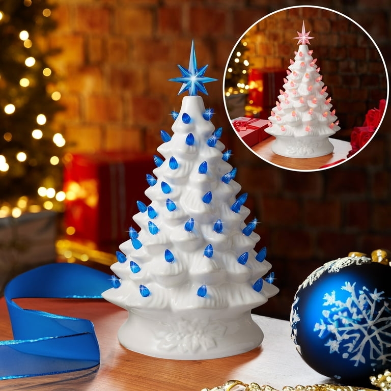 Pre-Lit Ceramic Christmas Tree with Blue and Pink Star Toppers
