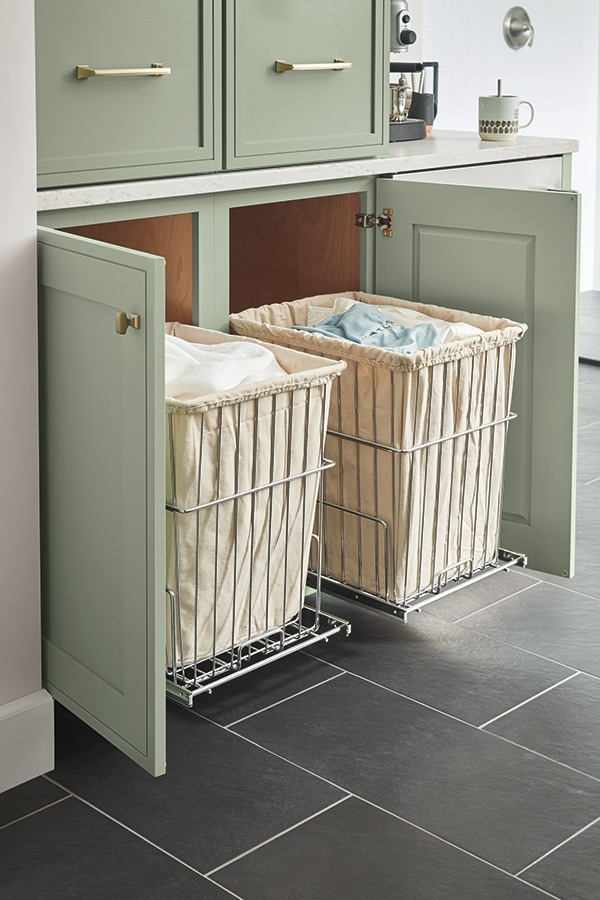 Pull-Out Hamper: Sage Green Cabinetry Dual Bin Gold Hardware