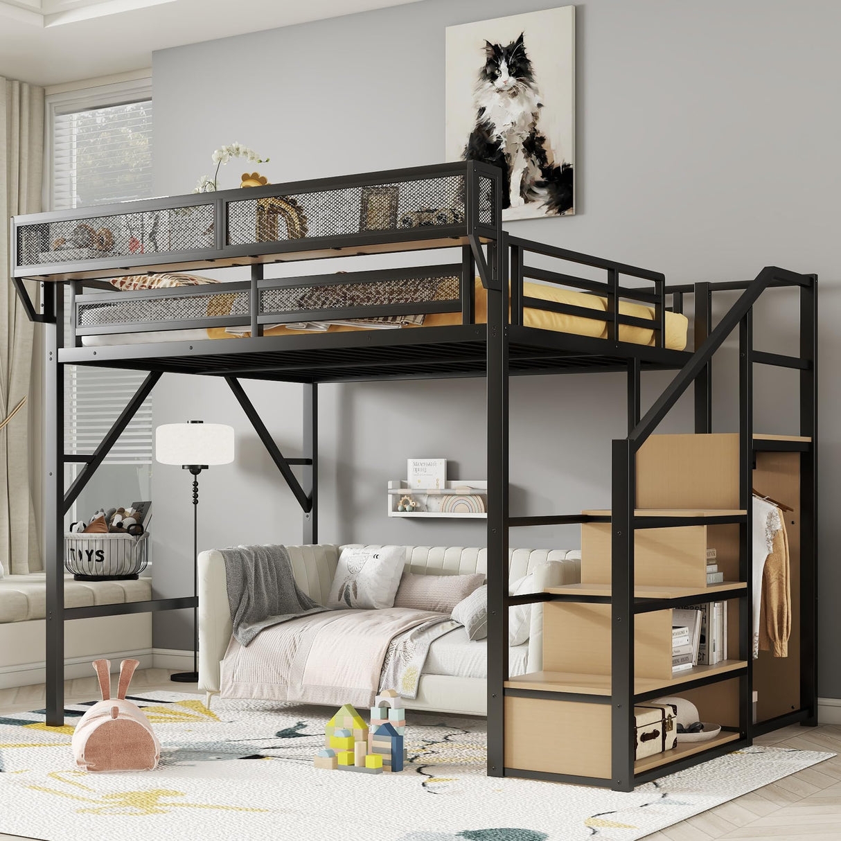 Queen Loft Bed: Matte Black Industrial with Wardrobe