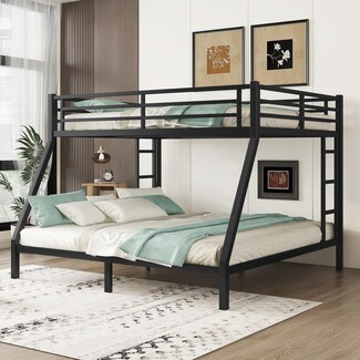 Queen Over King Bunk Bed, Black Metal Frame, Inclined Ladder