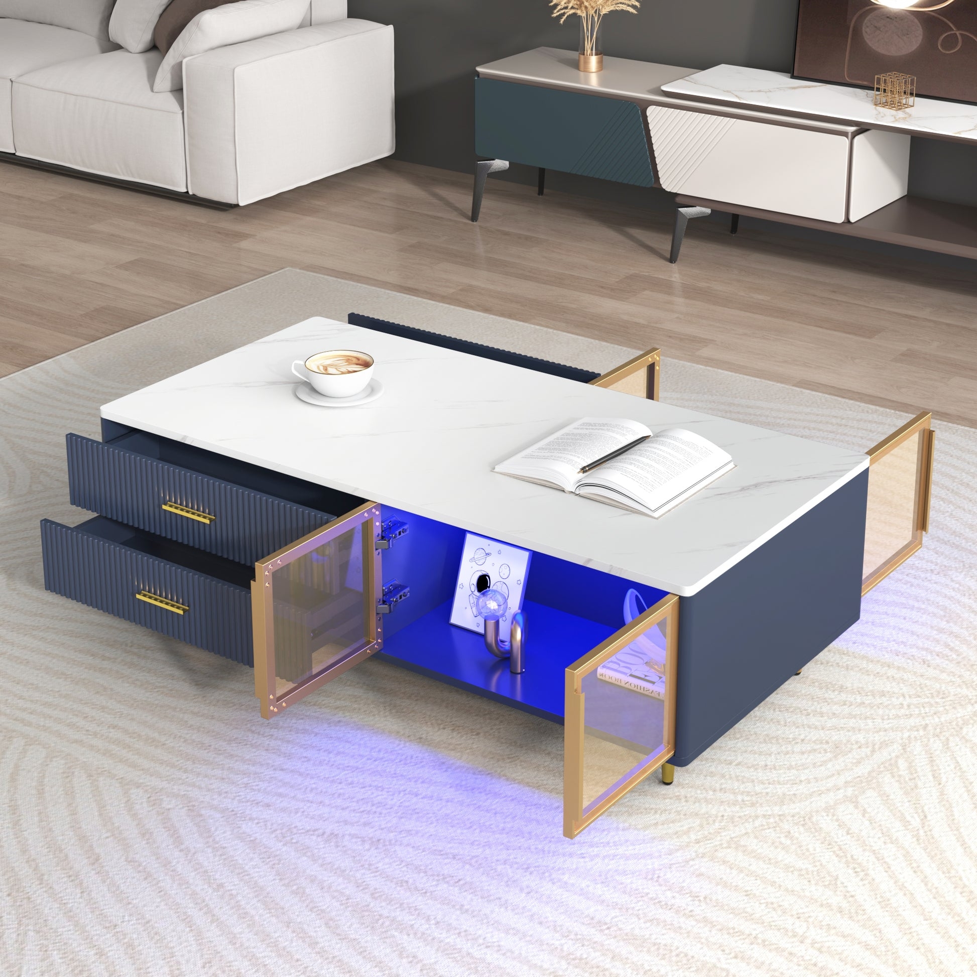 Rectangular Coffee Table Blue LED Lighting & Fluted Design