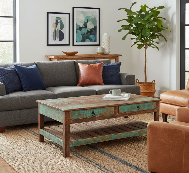 Rectangular Coffee Table Distressed Accents & Wood Shelf