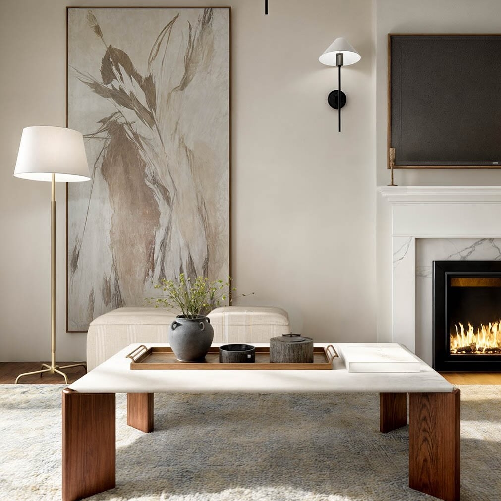 Rectangular Coffee Table featuring Stone Top and Wood