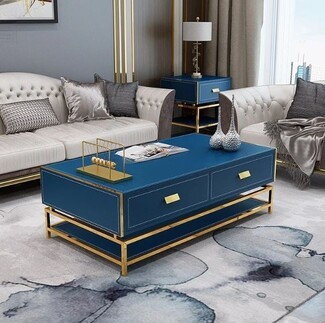 Rectangular Coffee Table Royal Blue Upholstery & Gold Frame