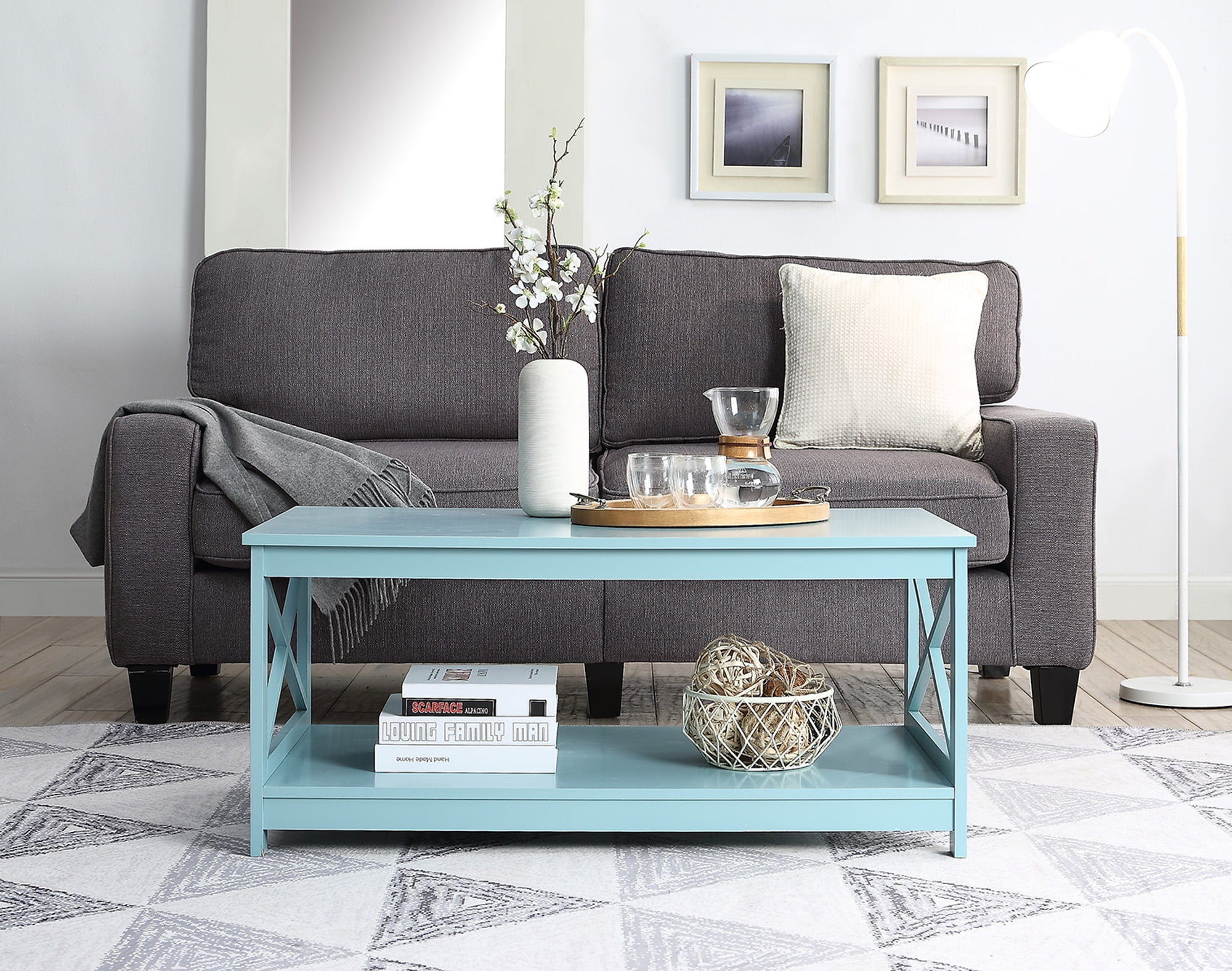Rectangular Coffee Table Sea Foam Blue & X-Frame Sides