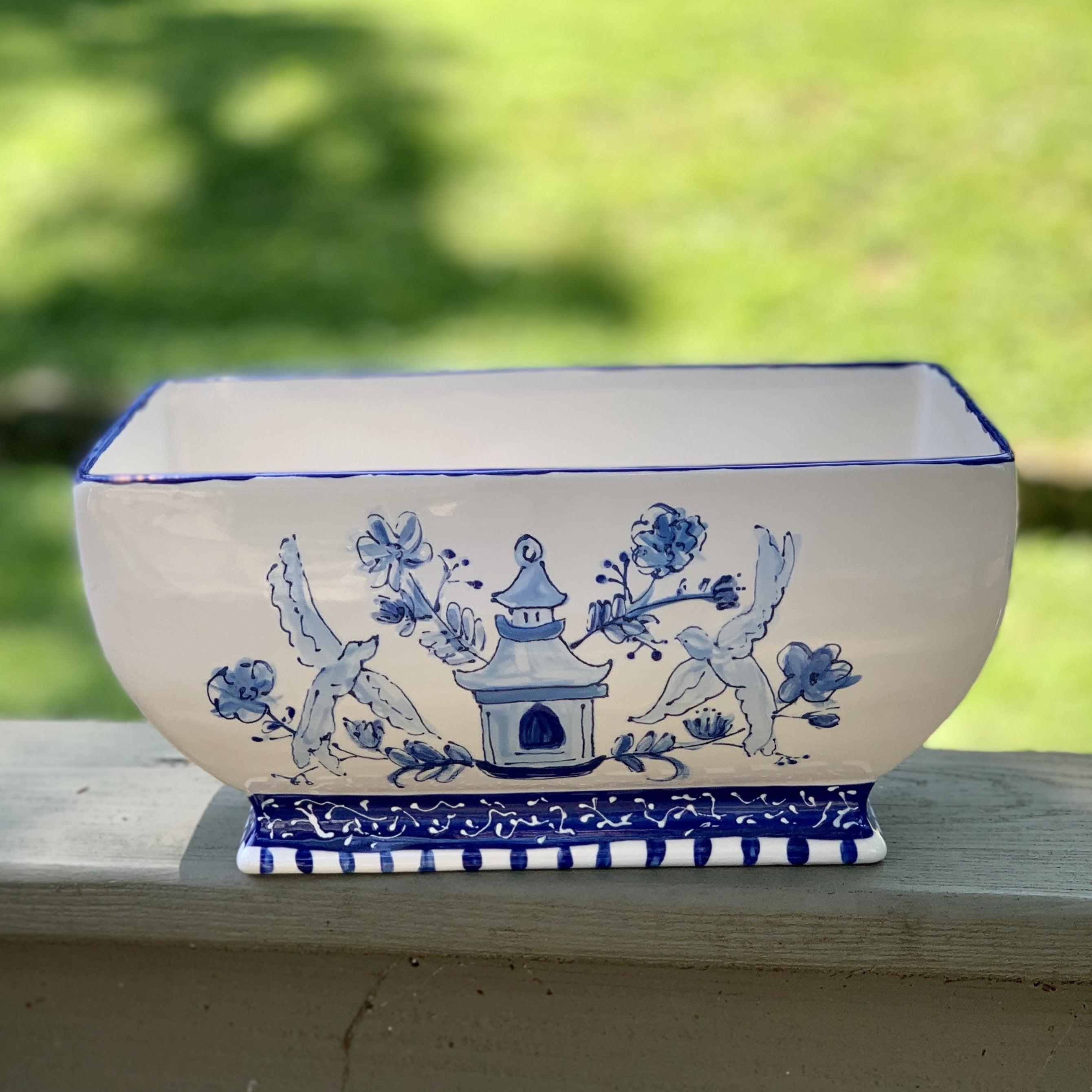 Rectangular Planter: Pagoda Motif Footed Base Hand Painted Pagoda Pot