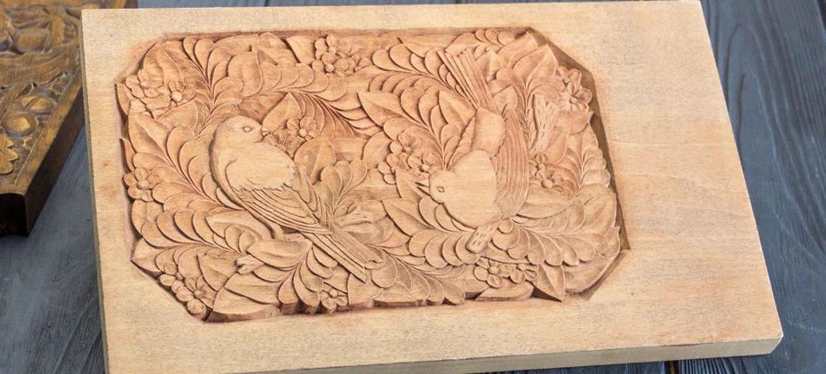 Relief Wood Carving Panel with Avian and Botanical Patterns