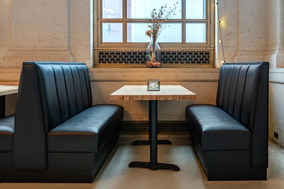 Restaurant Booth: Channel Tufted Back with Light Wood Top