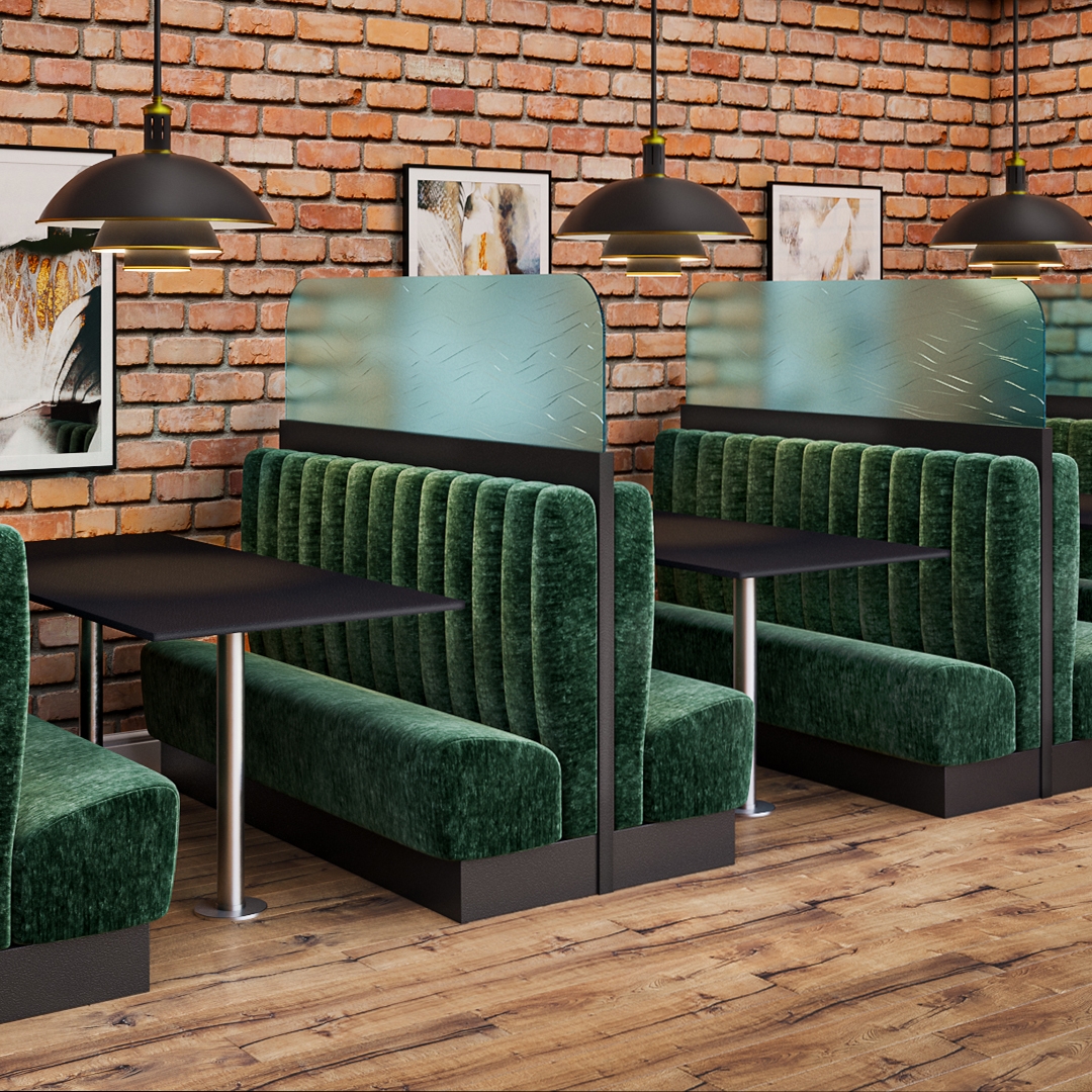 Restaurant Booth: Forest Green Velvet-Like Glass Partition
