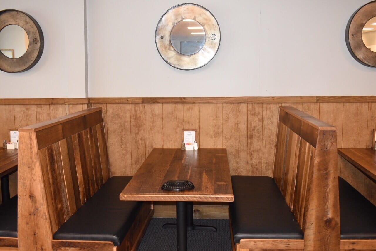 Restaurant Booth: Walnut Brown Porthole Mirror Interiors