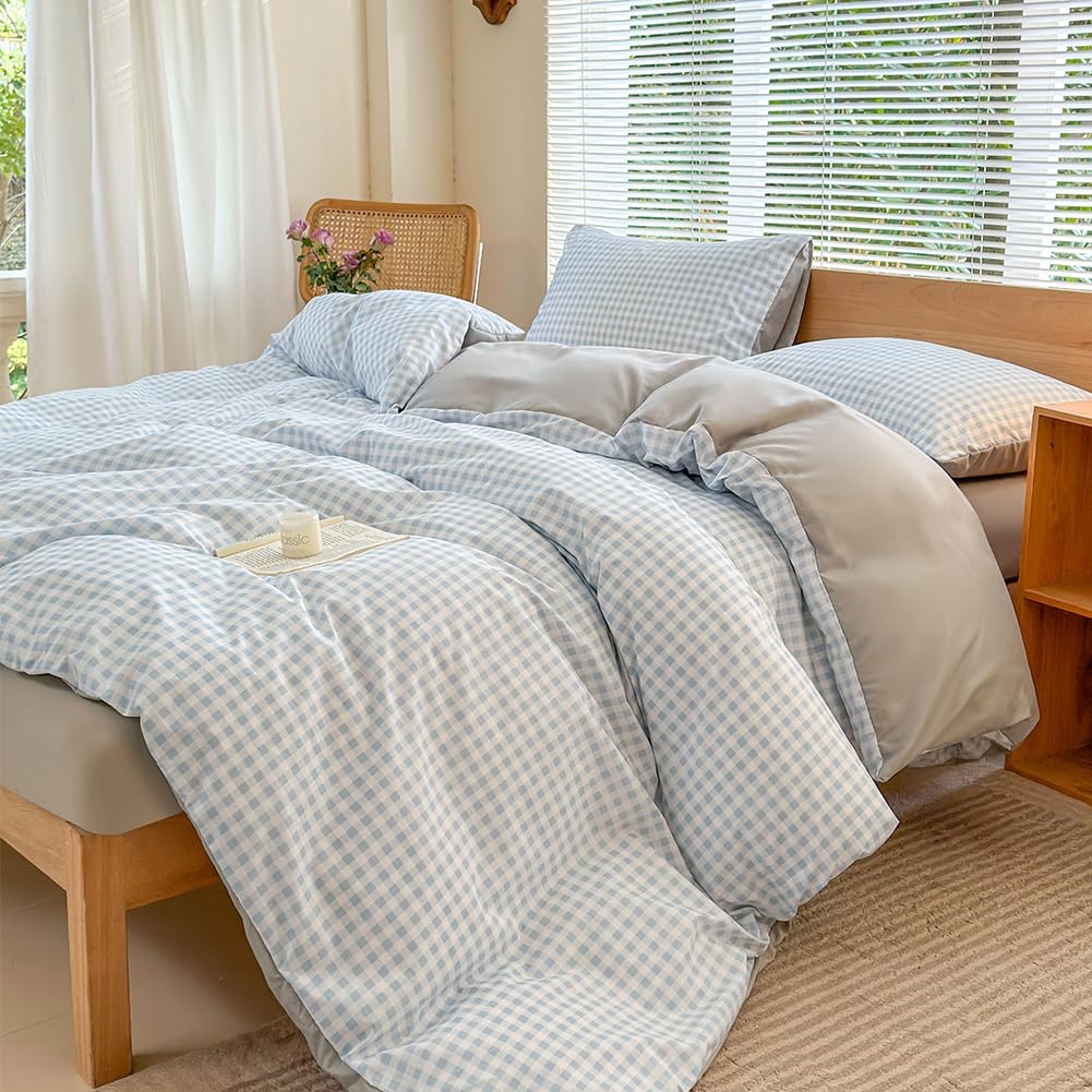 Reversible Duvet Cover Set | Light Blue Gingham Bed