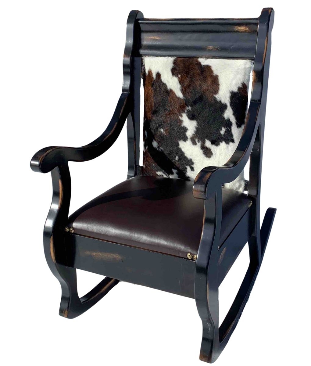 Rocking Chair Distressed Black Frame and Cowhide Back