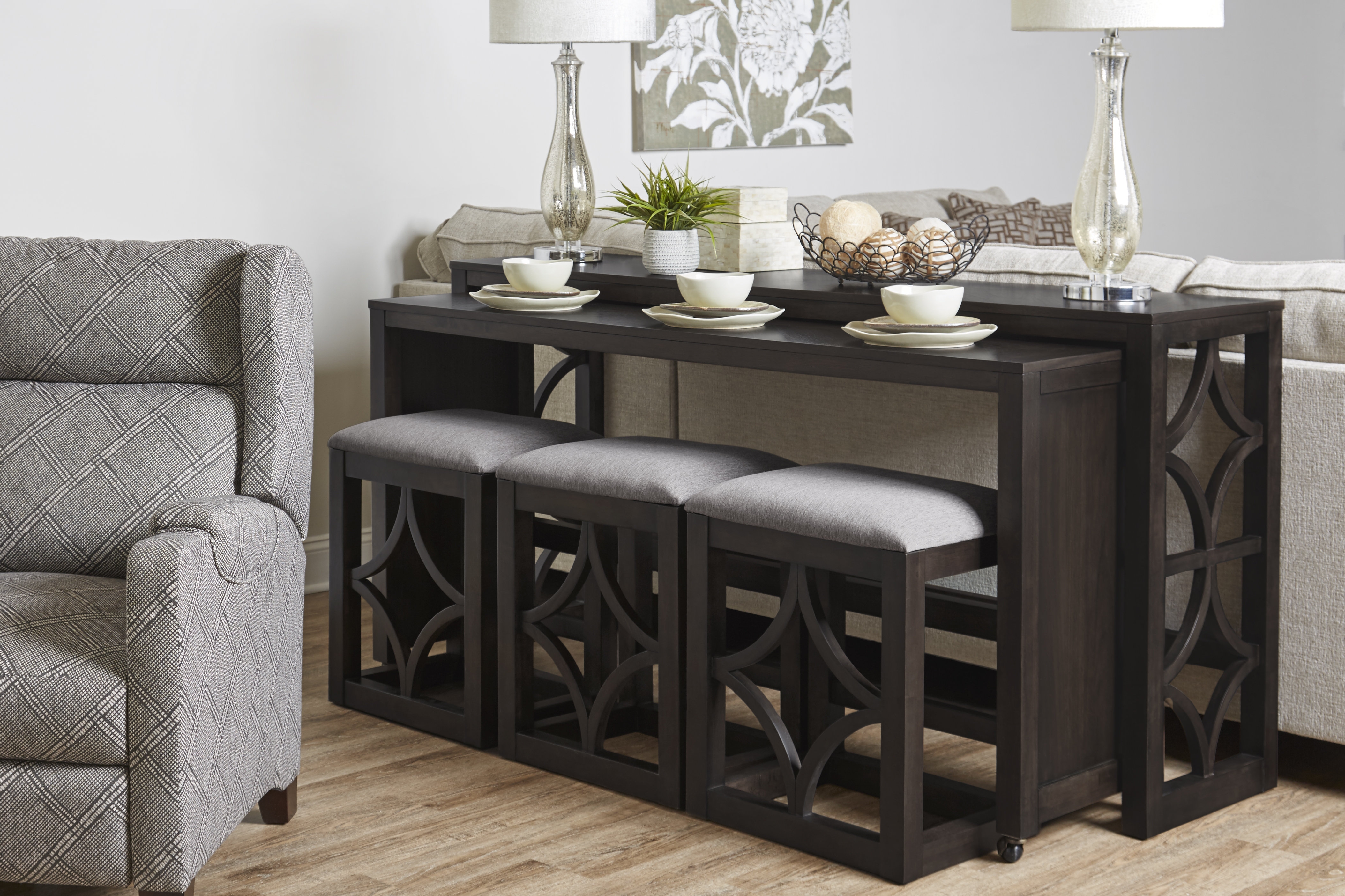 Rolling Console Set Nested Table Trellis Wood Cutouts Dark Espresso