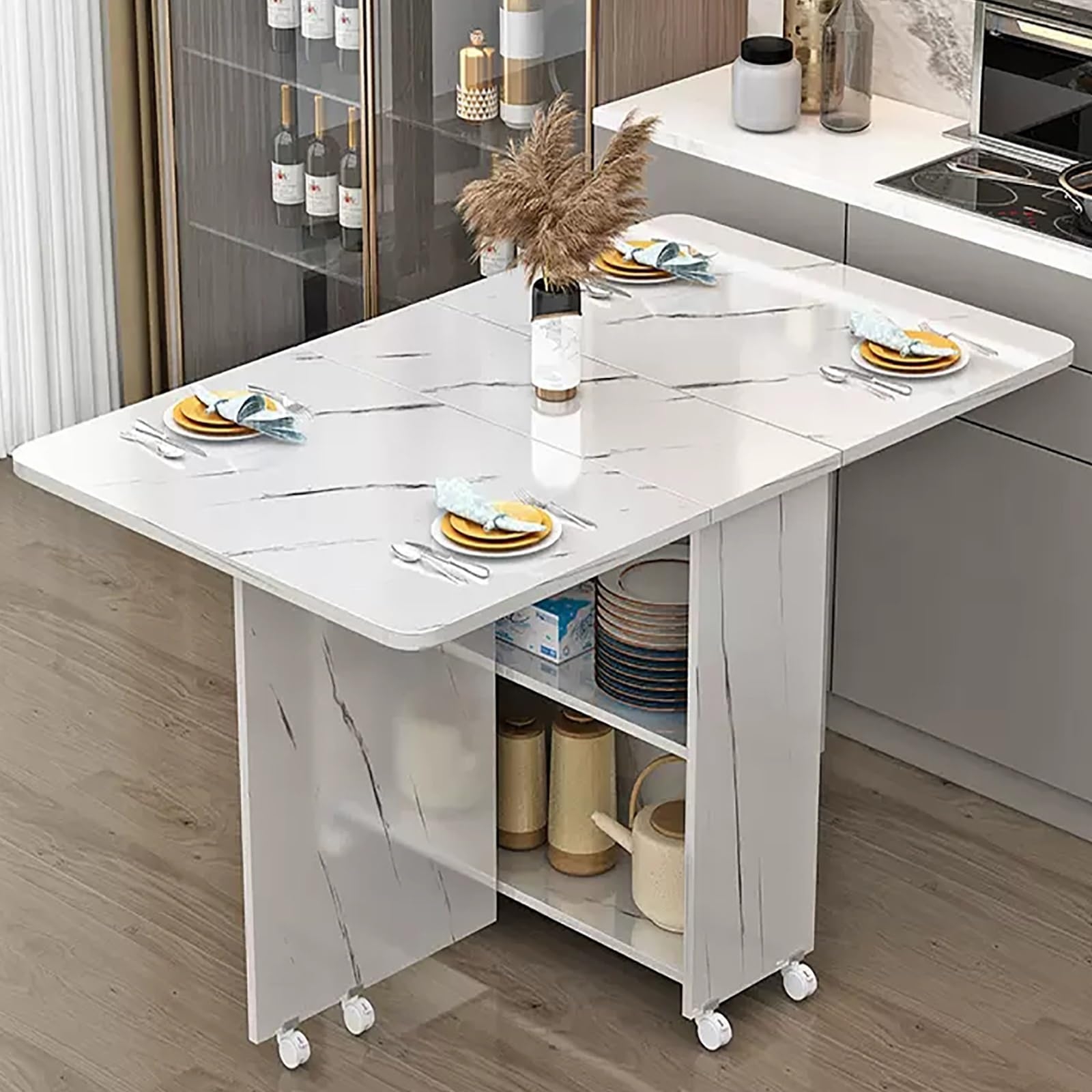 Rolling Kitchen Island with Marble Pattern Finish and Drop Leaf Top